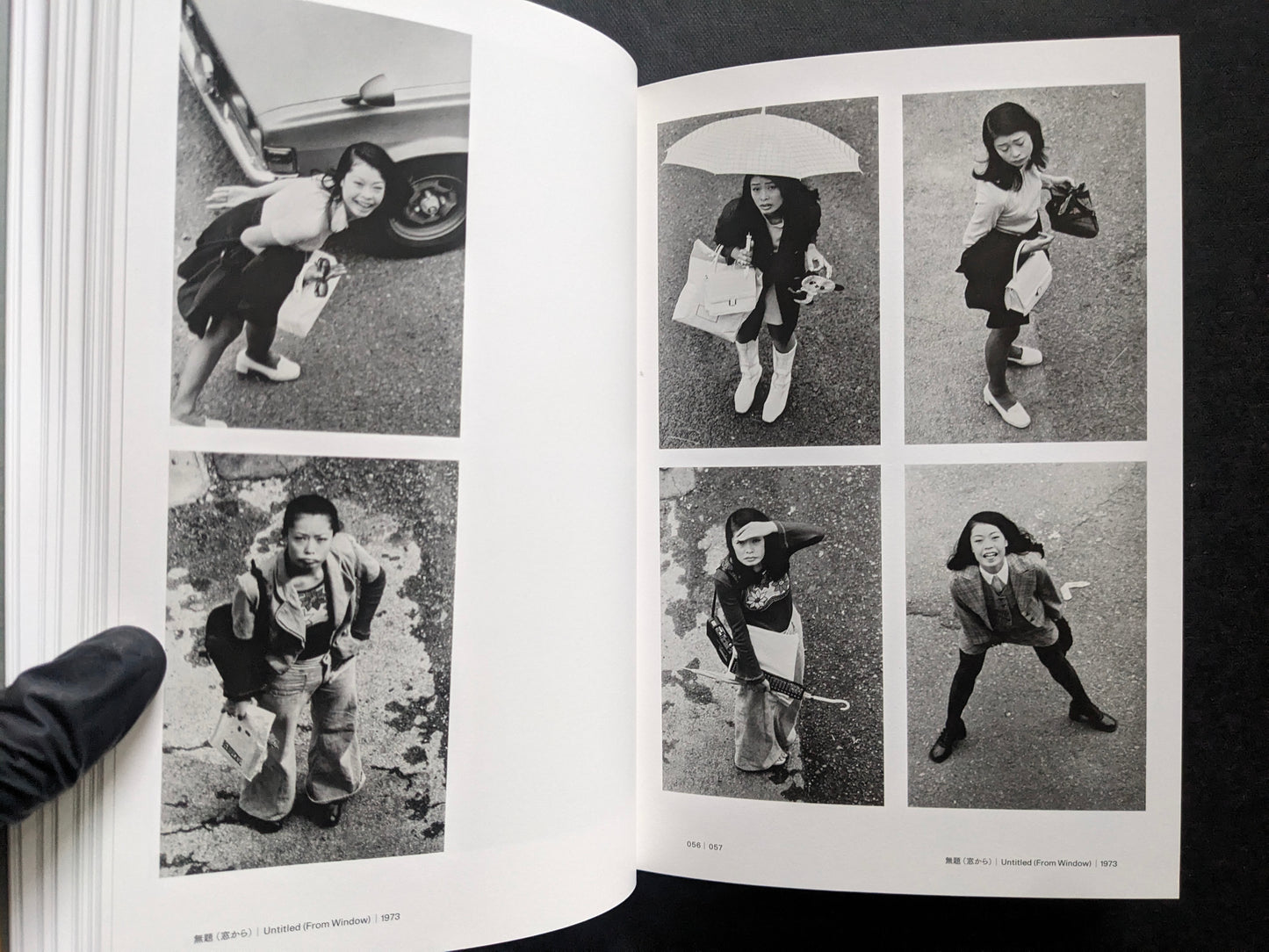Open spread with a grid of small black-and-white portraits photographed from above in the From Window series.