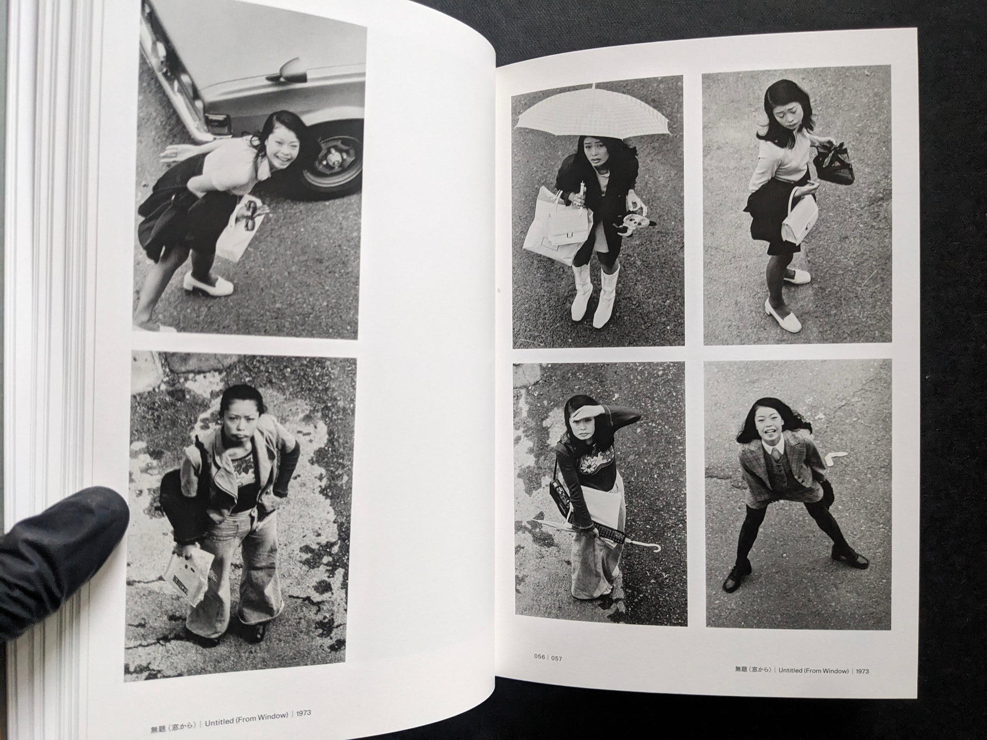 Open spread with a grid of small black-and-white portraits photographed from above in the From Window series.