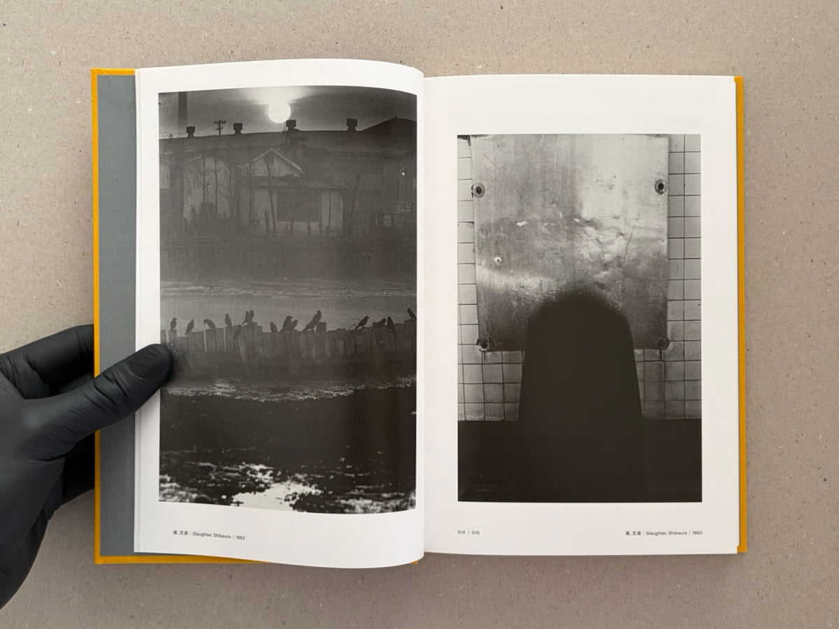 Open spread from Masahisa Fukase 1961–1991 Retrospective showing two black-and-white photographs, with a gloved hand holding the book.