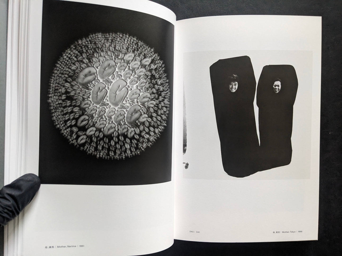 Open spread with an abstract circular still life on the left and a graphic portrait-like composition on the right.