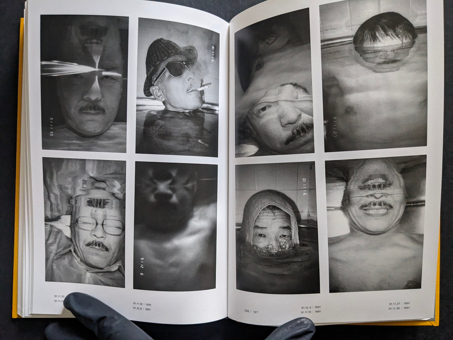 Open spread with a contact-sheet style grid of underwater self-portraits in a bathtub.