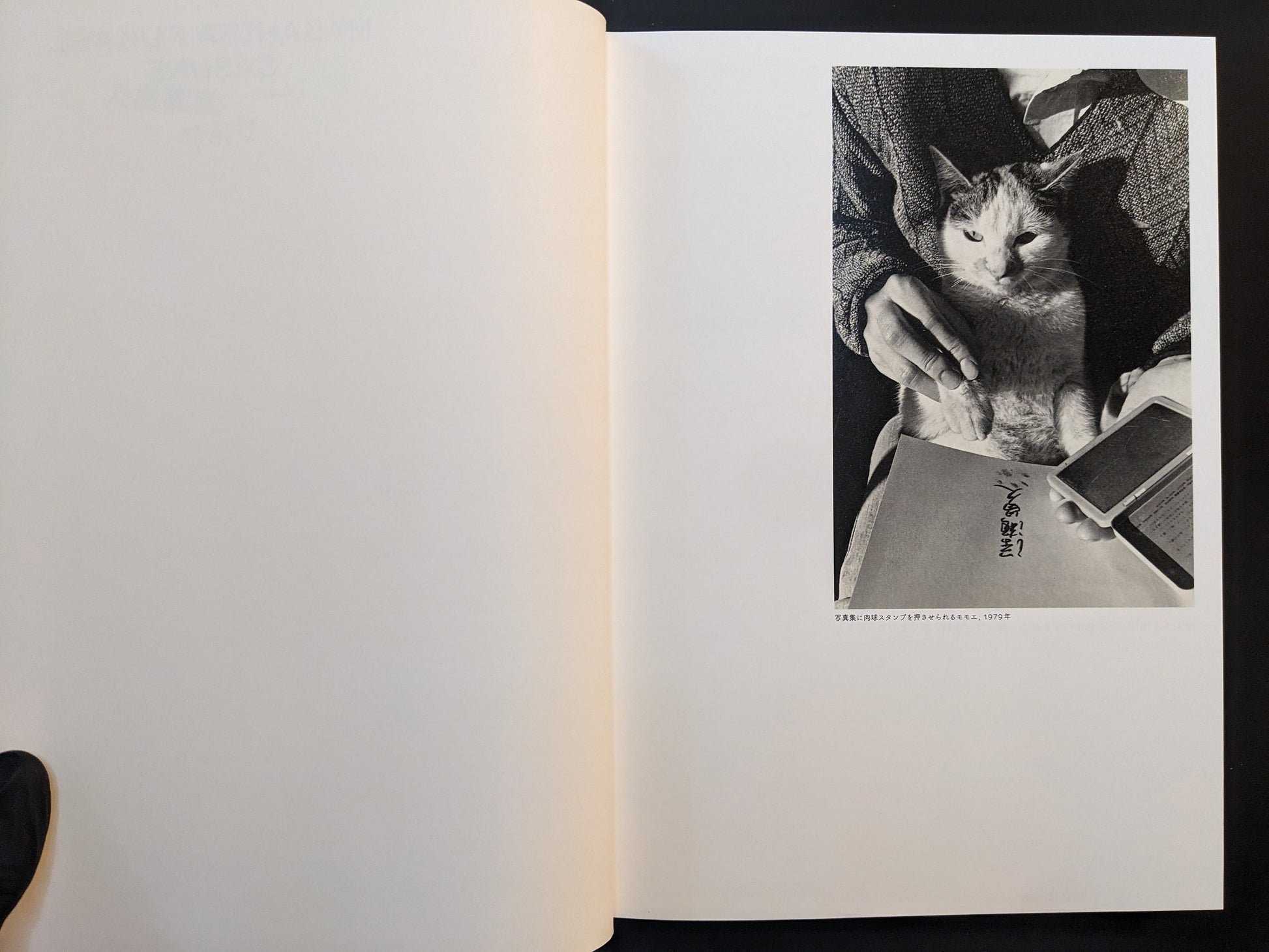 Cat sitting on a person’s lap; opening plate from “Sasuke.”