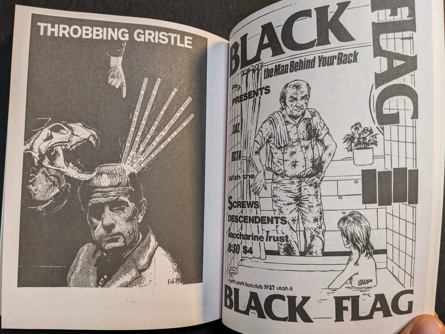 Interior spread from Punk Flyers featuring a Black Flag flyer and a Throbbing Gristle poster in dark, grainy print.