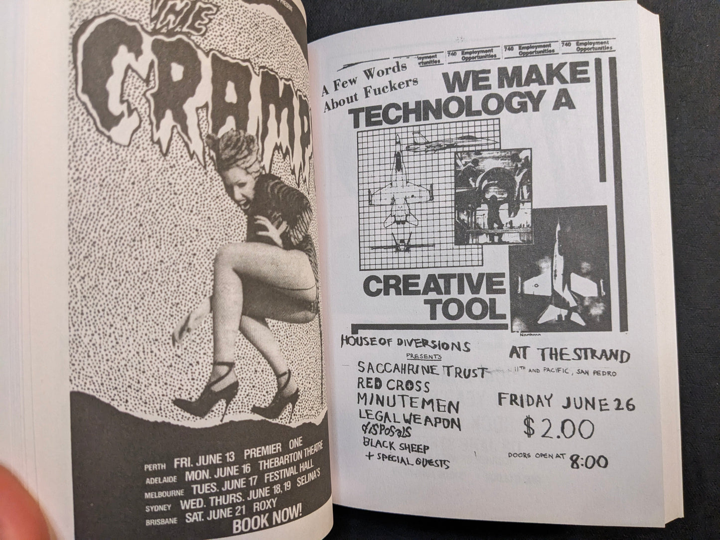 Interior spread from Punk Flyers with two contrasting flyers: a bold wordmark poster and a collage-style Creative Tool / technology-themed flyer.