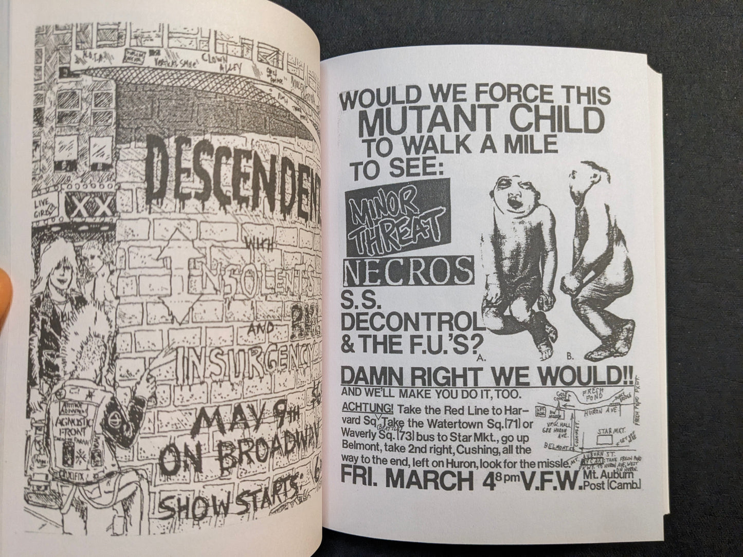 Interior spread from Punk Flyers featuring a Descendents-related flyer and a provocative show poster with a bold headline and illustrated figures.