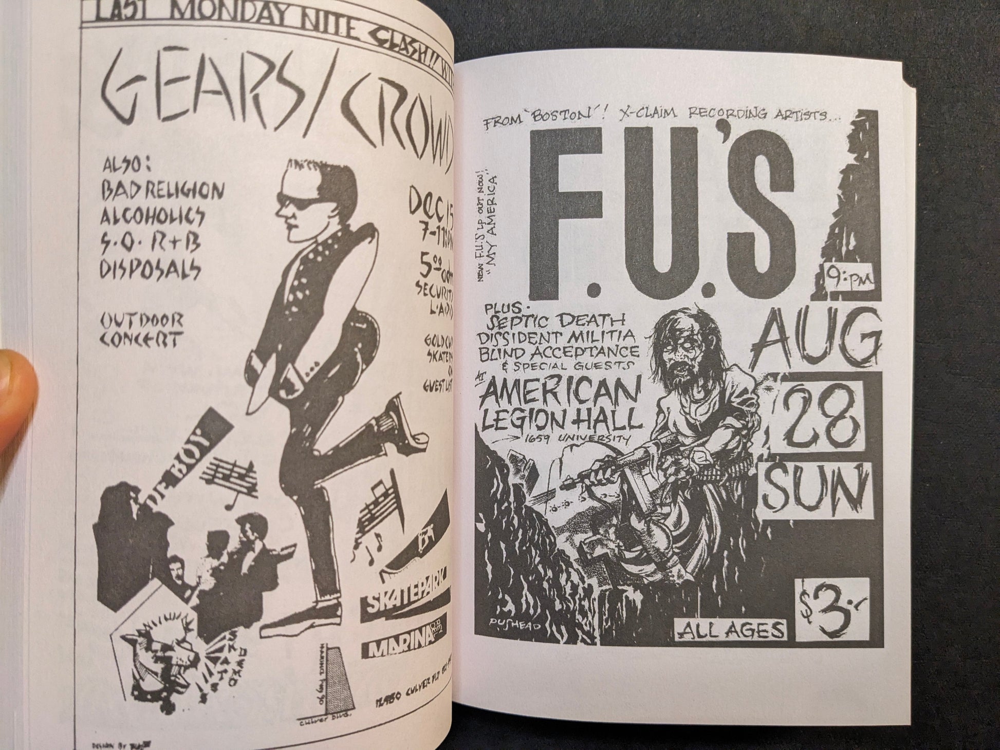Interior spread from Punk Flyers showing an F.U.'s flyer and a Germs/Clown-style punk flyer with hand-drawn typography.