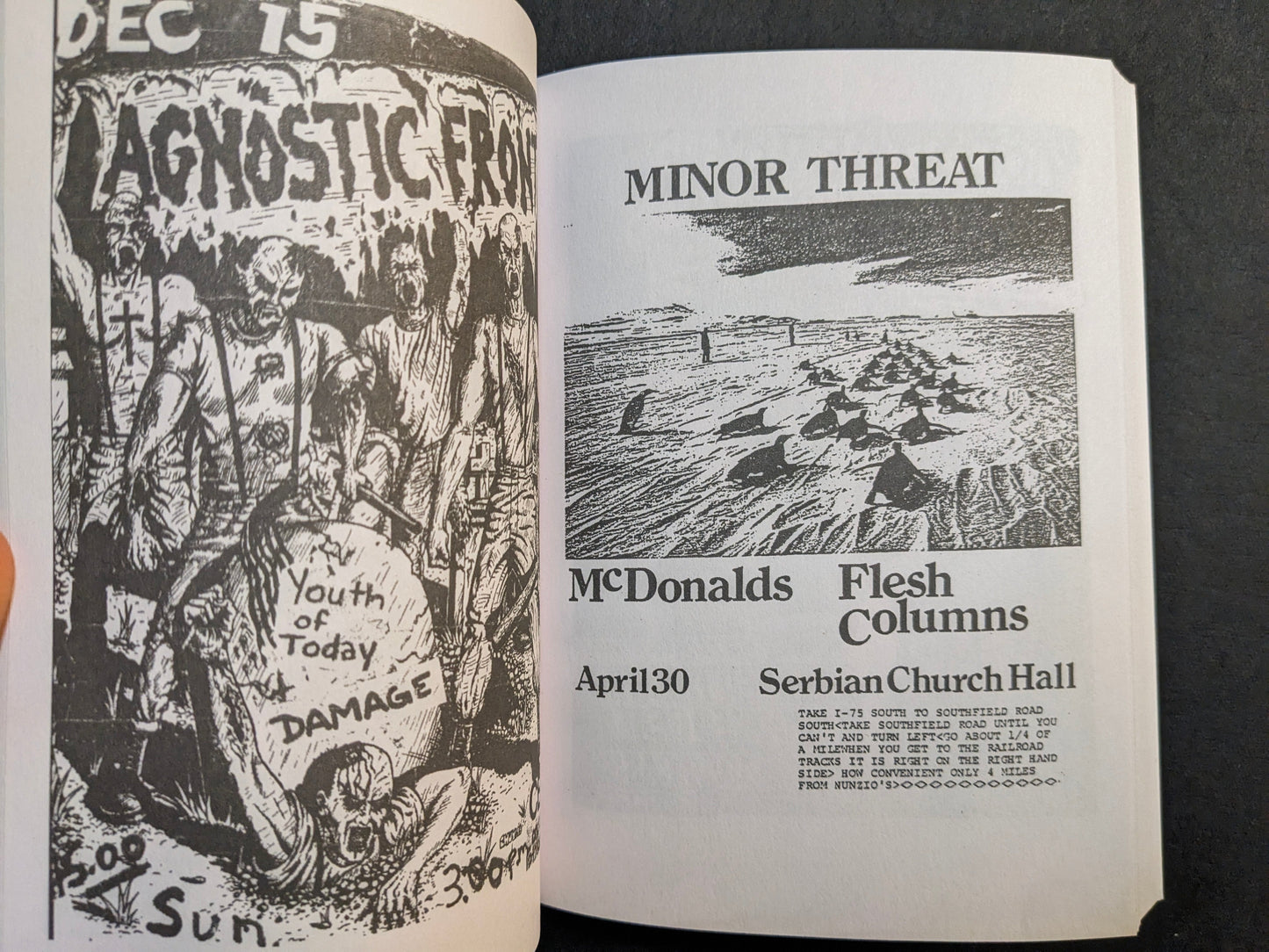 Interior spread from Punk Flyers featuring two black-and-white flyers, including a Minor Threat poster and a dense illustrated show bill.
