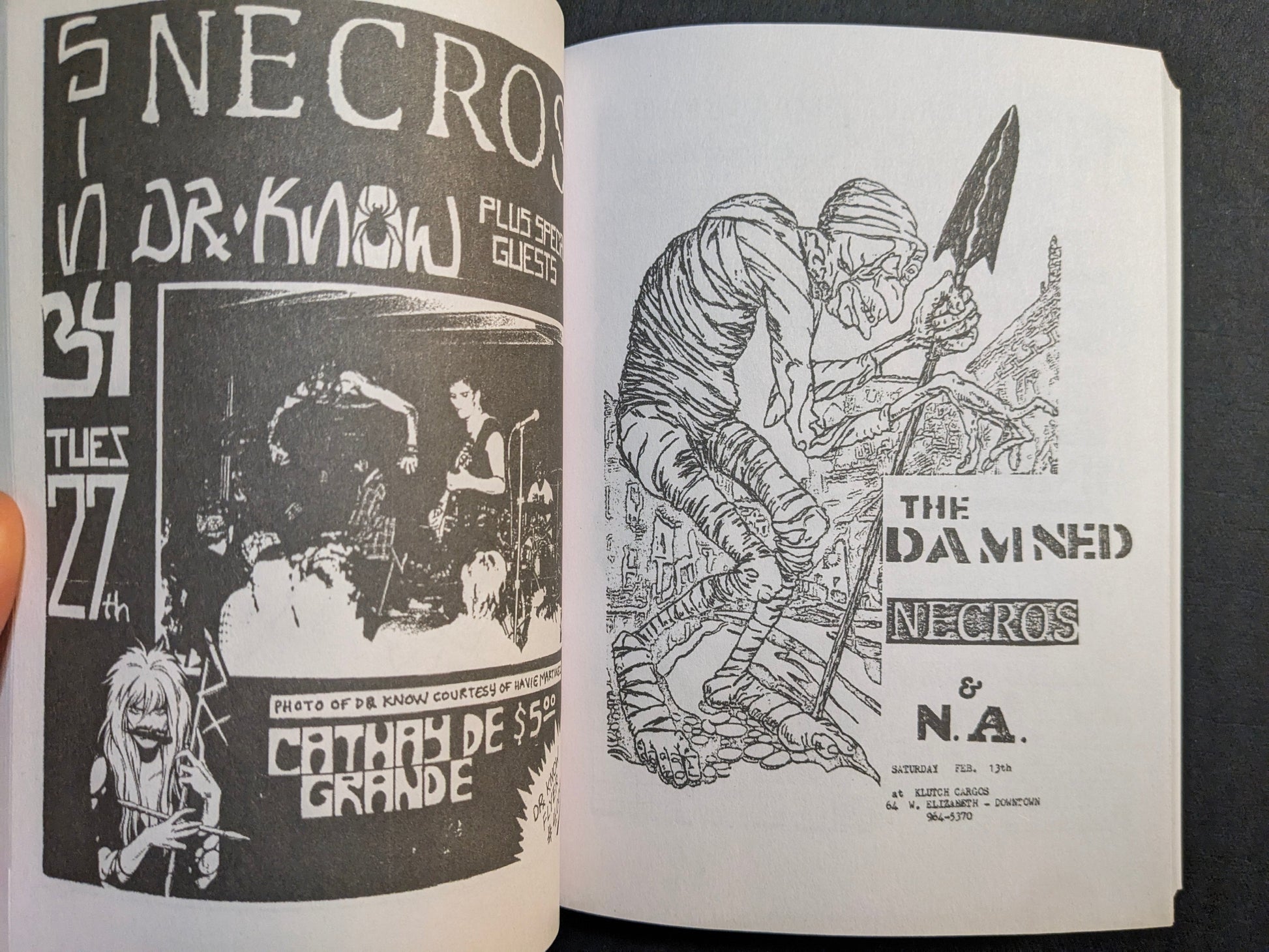 Interior spread from Punk Flyers showing two black-and-white punk flyers with band photos and bold hand-drawn lettering.