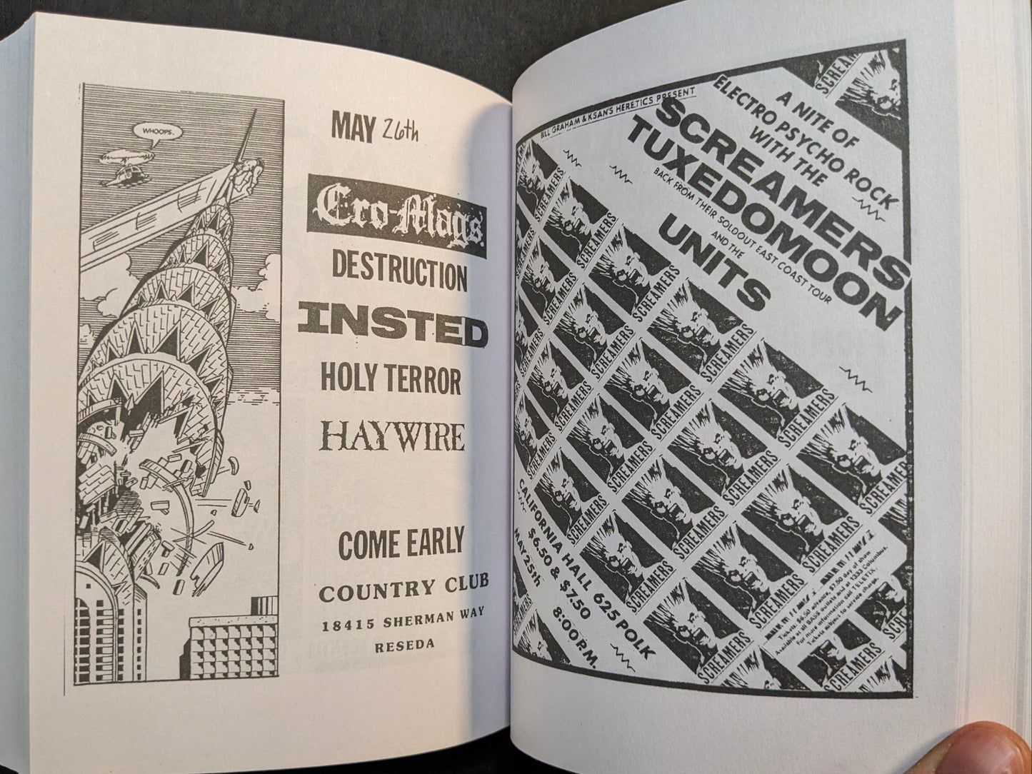 Interior spread from Punk Flyers with two flyers: a repeated Screamers/Units layout and a stacked lineup list with a cartoon illustration.