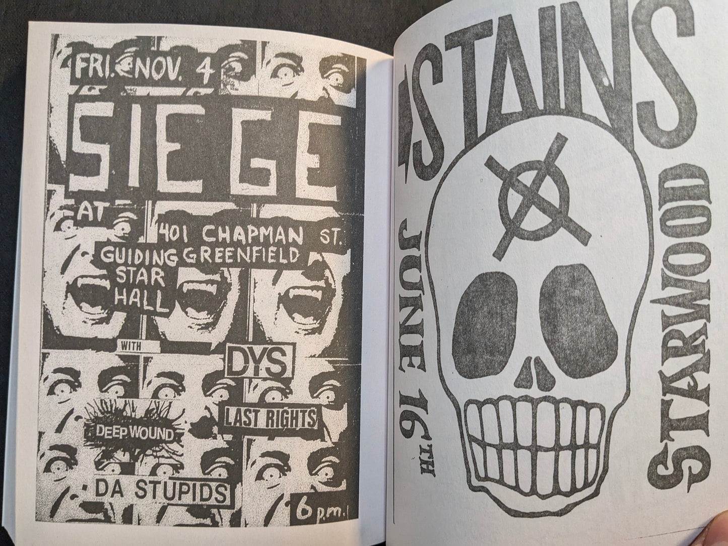 Interior spread from Punk Flyers showing a Starwood skull flyer and a Siege flyer with repeated face imagery.