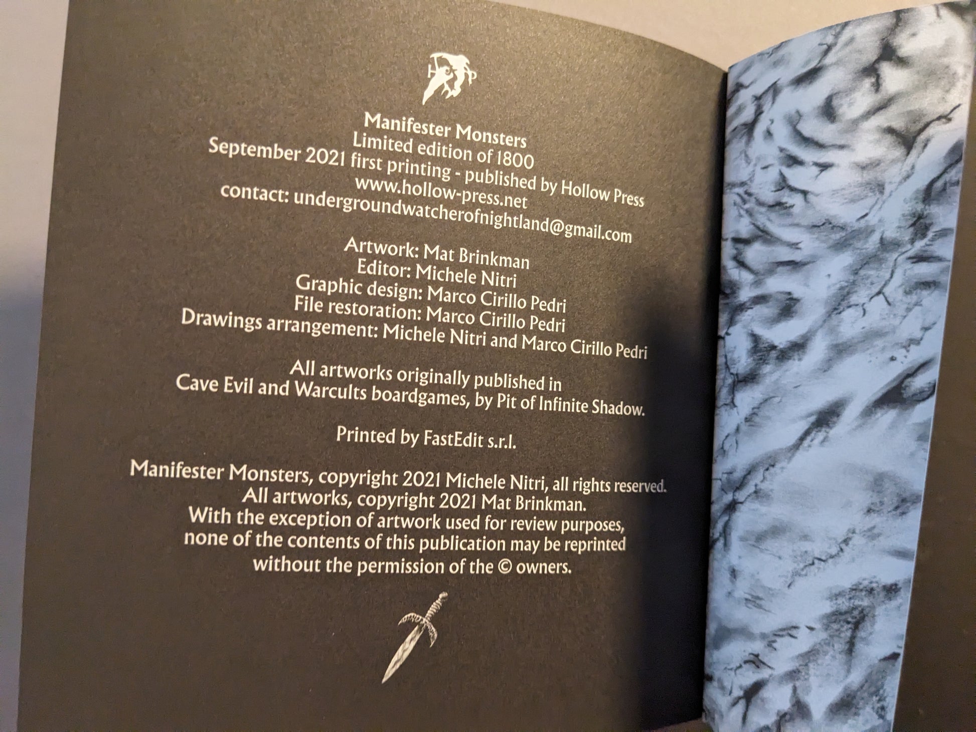 Title and credits page of Manifester Monsters, limited edition Hollow Press release