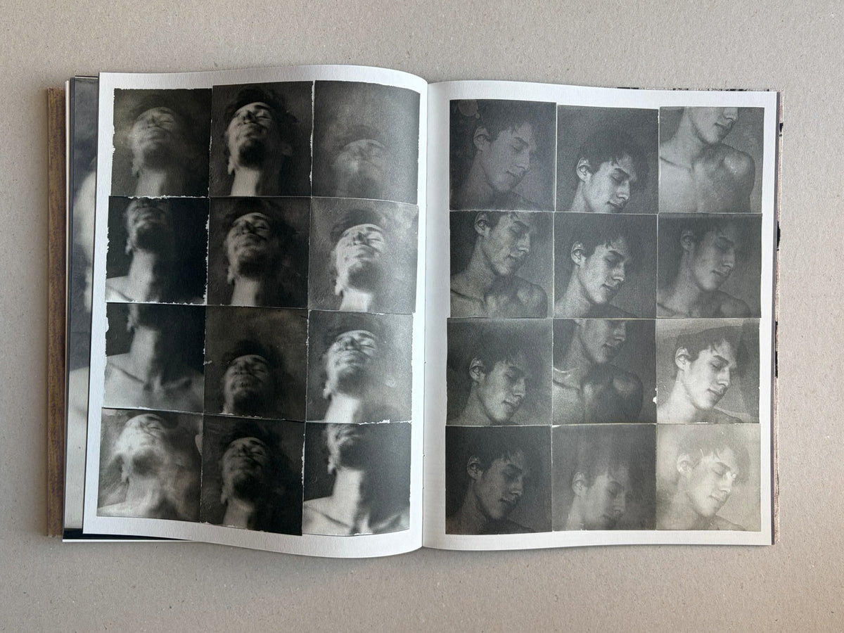 Open spread from Materia by Vic Bakin showing grids of repeated black-and-white portrait studies on aged paper.