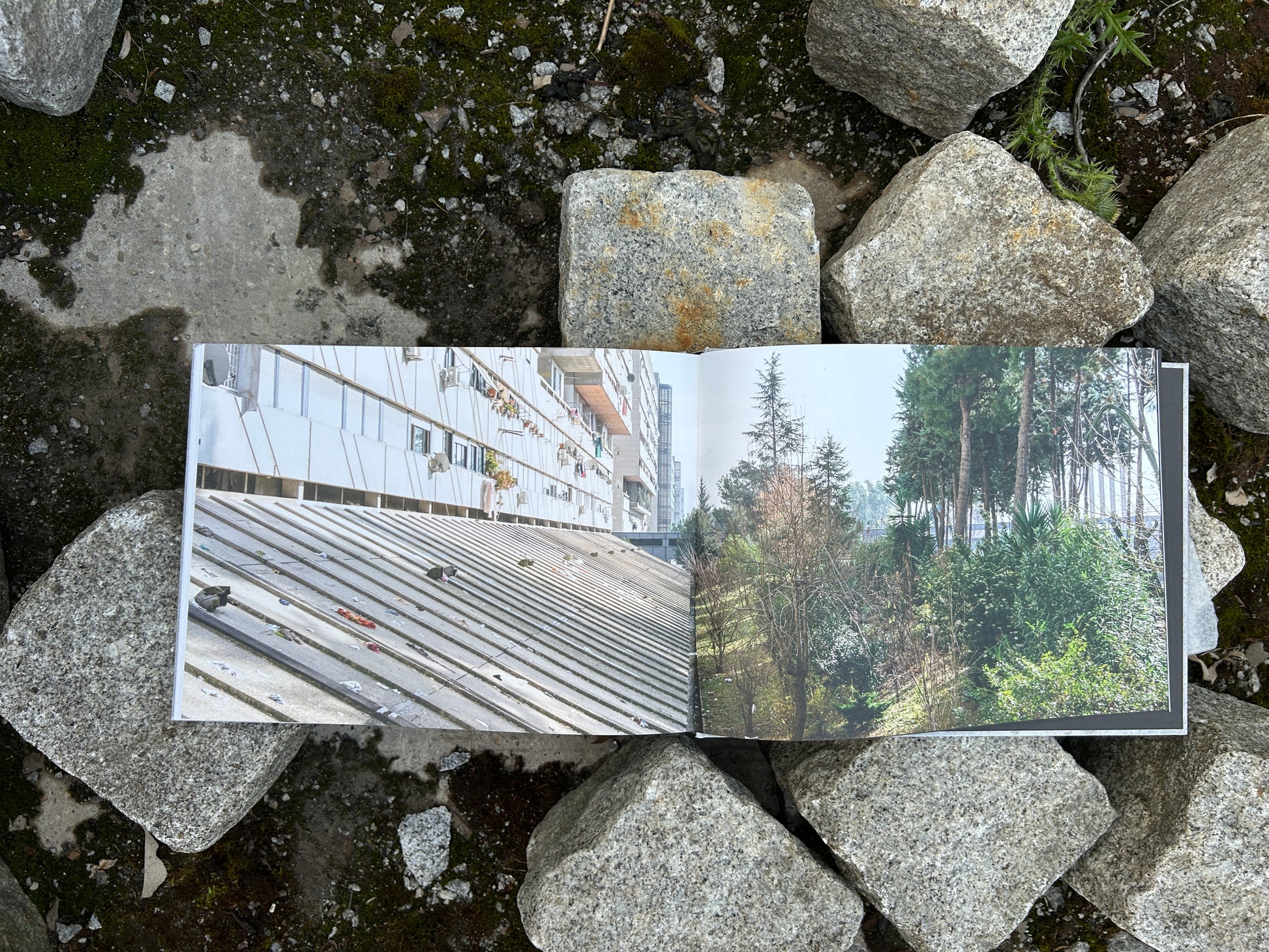Final pages of 'Alveare' by Matthias Heiderich and Andrea Belfi showing rooftop details and a contrast between urban and natural landscapes - IIKKI - Lokator100