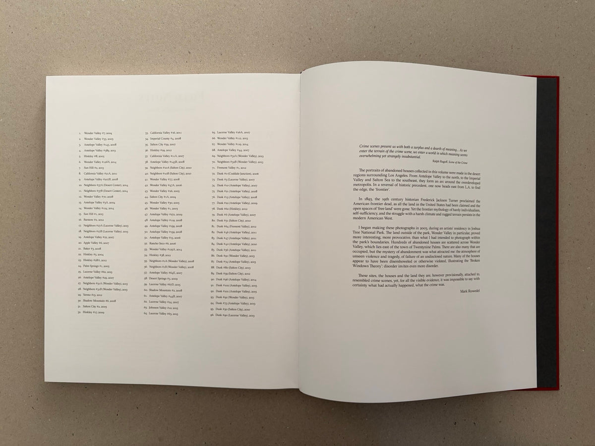 Open spread from Message from the Exterior by Mark Ruwedel, showing a contents list on the left page and a text page on the right.