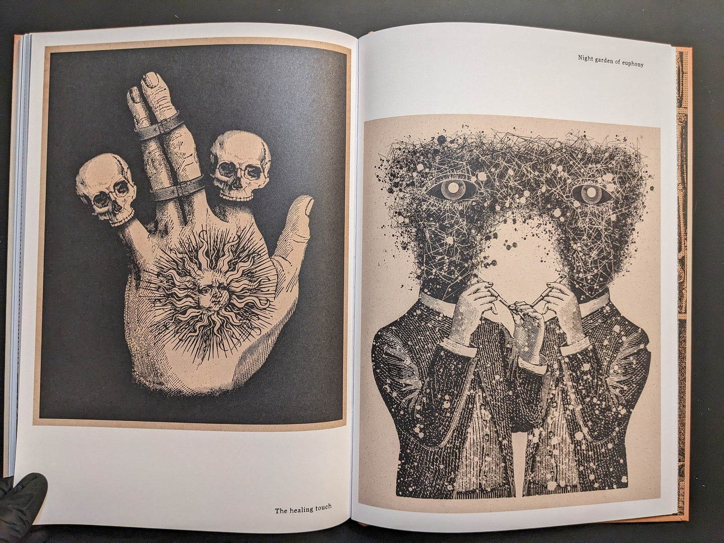 Andrew Blucha – METAFABLES, page 11: “The Healing Touch” depicts a hand radiating light with small skulls on fingers; “Night garden of euphony” shows a suited figure pulling a starry, many-eyed void from his head.