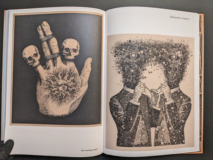 Andrew Blucha – METAFABLES, page 11: “The Healing Touch” depicts a hand radiating light with small skulls on fingers; “Night garden of euphony” shows a suited figure pulling a starry, many-eyed void from his head.