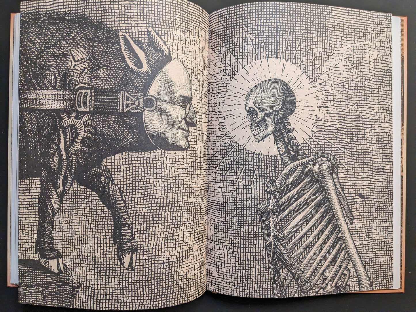 Andrew Blucha – METAFABLES, page 10: large spread of a ribcage skeleton holding an infant skull, facing a bridled bull; cross-hatched, antiquarian engraving aesthetic.