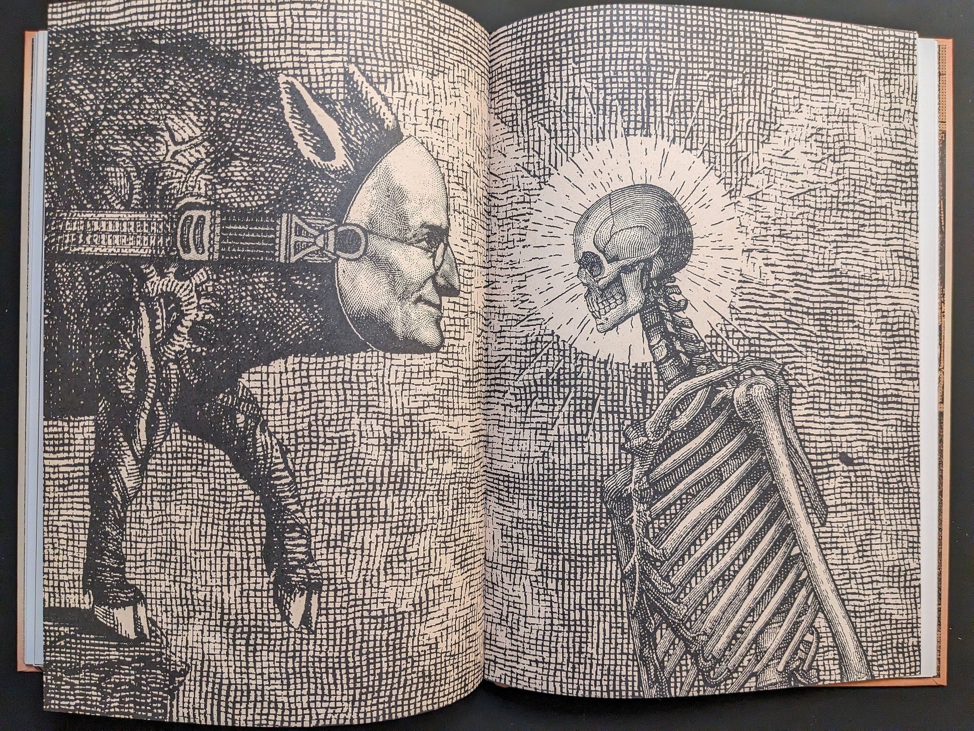 Andrew Blucha – METAFABLES, page 10: large spread of a ribcage skeleton holding an infant skull, facing a bridled bull; cross-hatched, antiquarian engraving aesthetic.