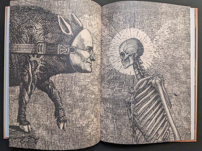 Andrew Blucha – METAFABLES, page 10: large spread of a ribcage skeleton holding an infant skull, facing a bridled bull; cross-hatched, antiquarian engraving aesthetic.