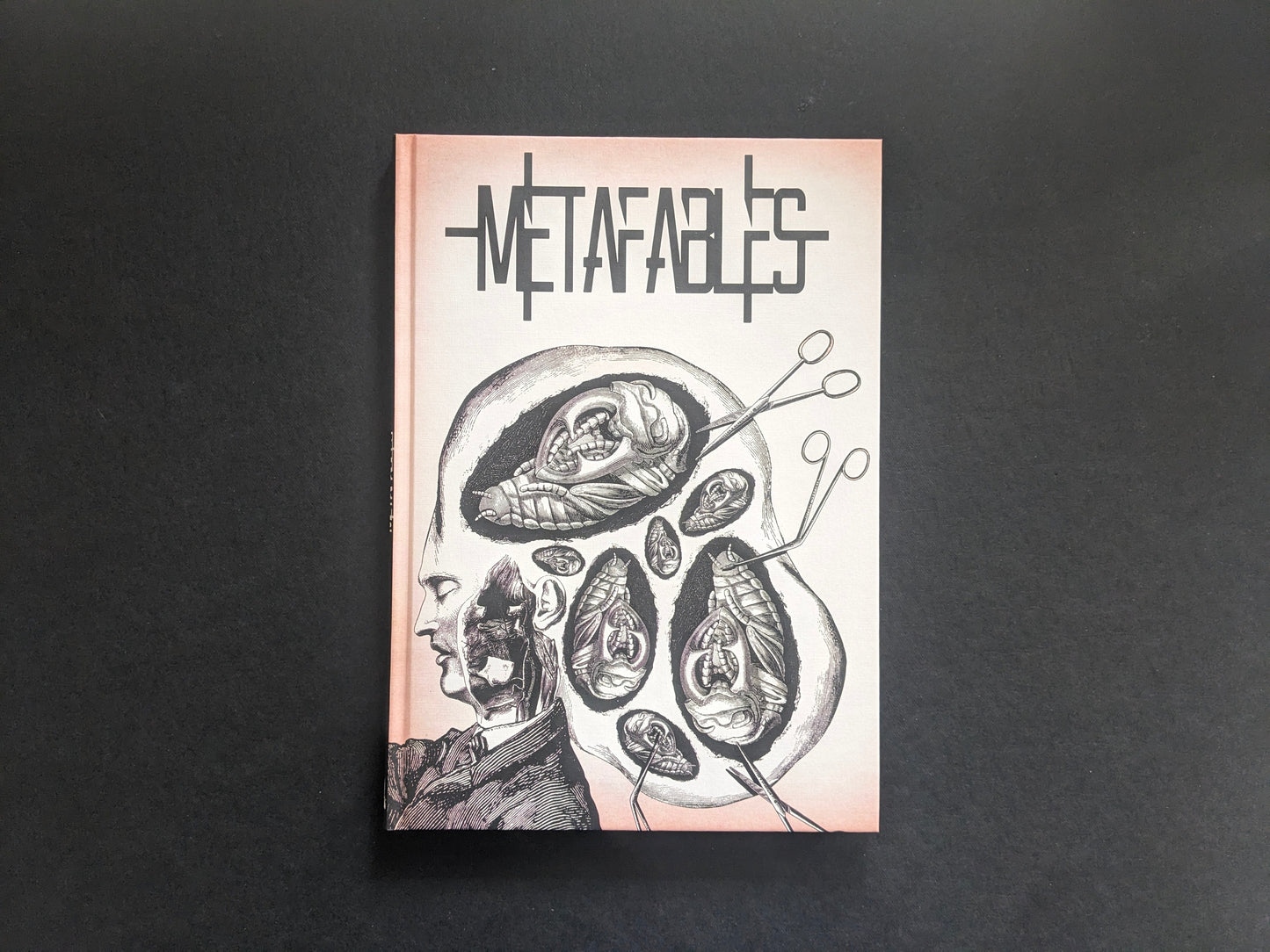 Front cover of METAFABLES, showing Andrew Blucha’s hardcover art book with an anatomical collage.