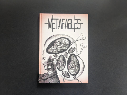 Front cover of METAFABLES, showing Andrew Blucha’s hardcover art book with an anatomical collage.
