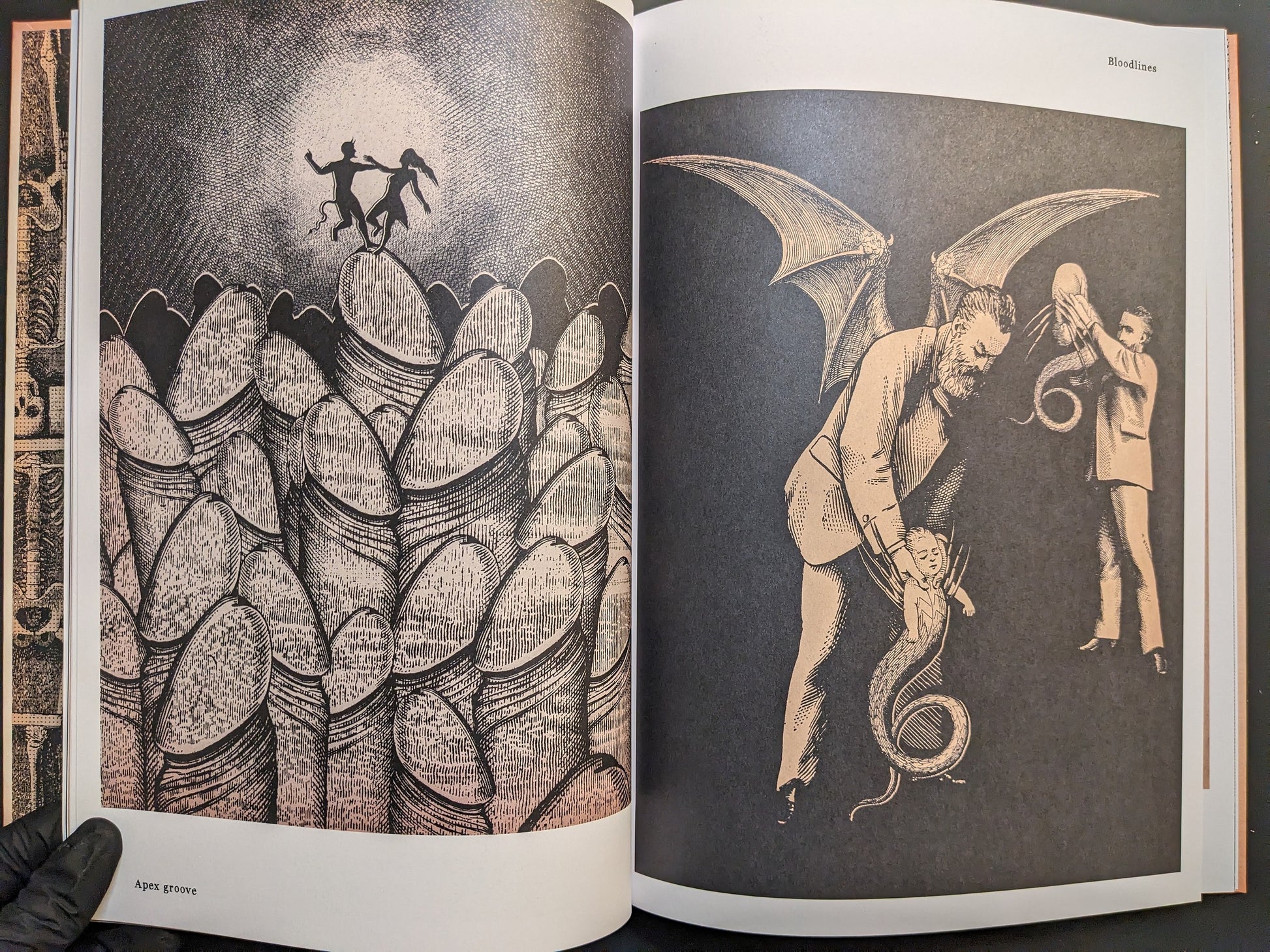 Double-page spread from METAFABLES, pairing a hill-like silhouette with a winged figure holding a hybrid infant.