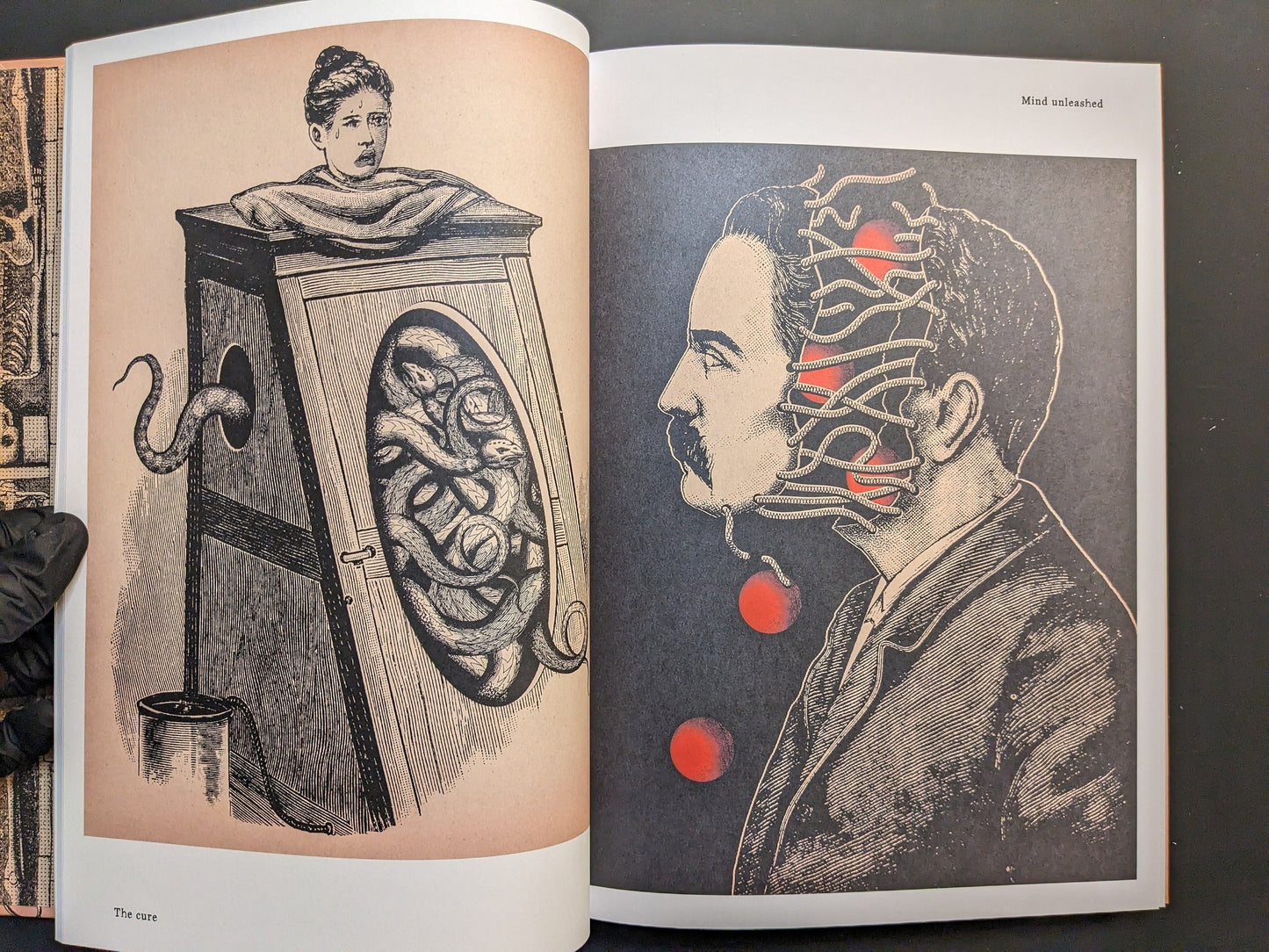 Double-page spread from METAFABLES, with coiled snakes in a vessel and a stitched-mouth portrait.