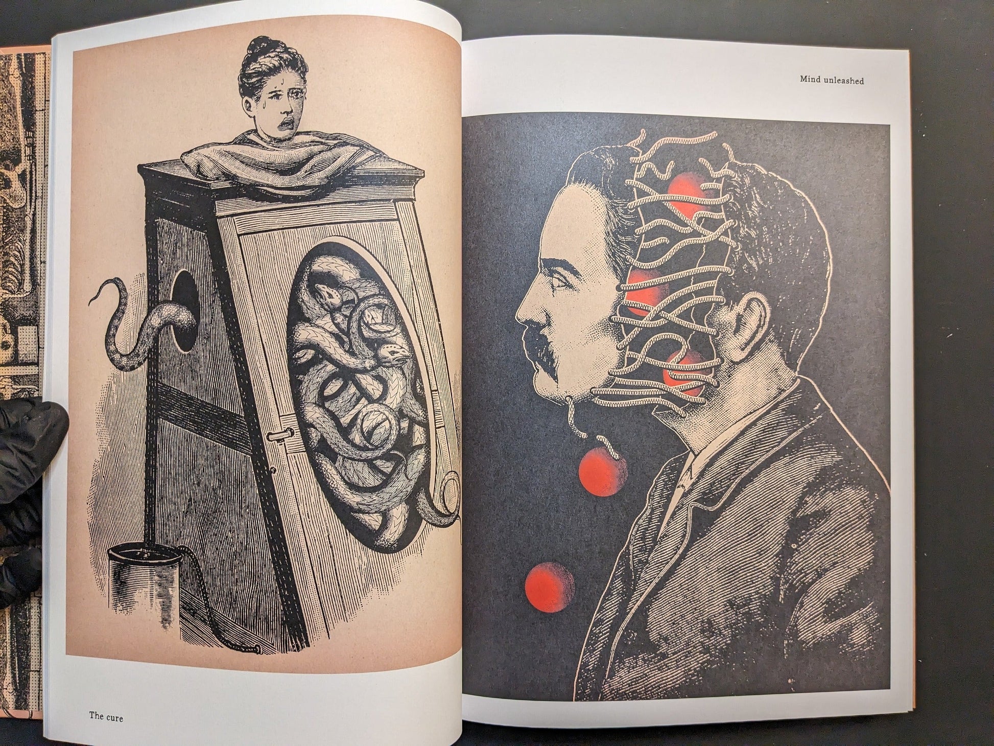 Double-page spread from METAFABLES, with coiled snakes in a vessel and a stitched-mouth portrait.