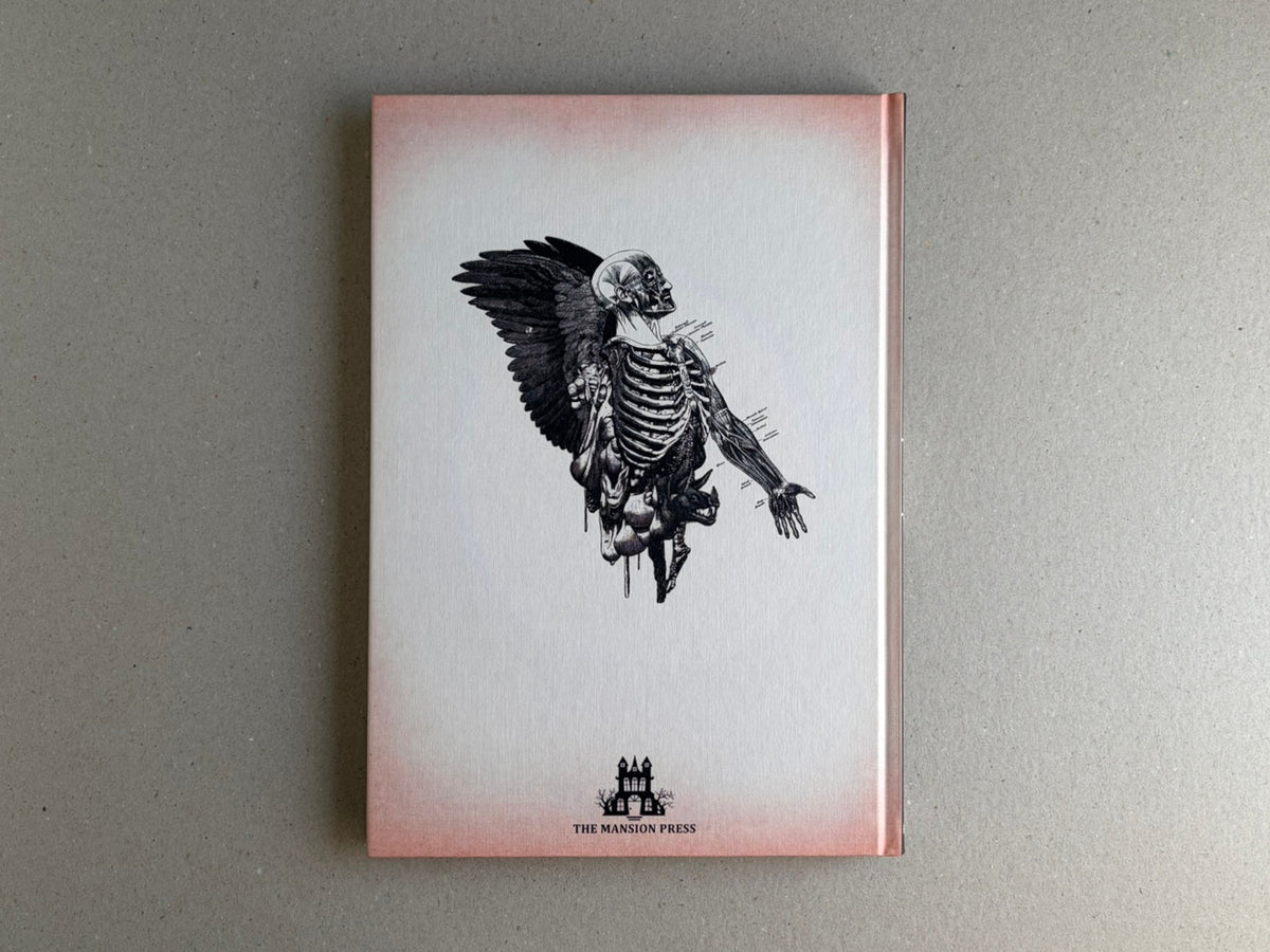 Front cover of METAFABLES: The Art of Andrew Blucha, showing a black anatomical winged figure on a pale pink and white hardcover with The Mansion Press logo at the bottom.