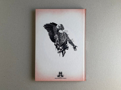Front cover of METAFABLES: The Art of Andrew Blucha, showing a black anatomical winged figure on a pale pink and white hardcover with The Mansion Press logo at the bottom.