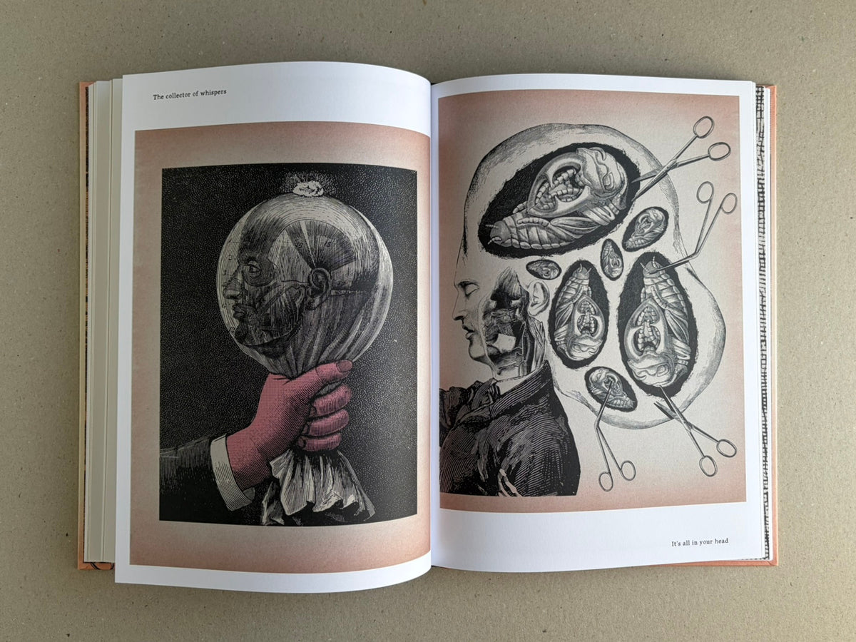Open spread from METAFABLES: The Art of Andrew Blucha showing two illustrated pages with anatomical surreal imagery, including a hand holding a head-like form and a profile head with surgical instruments.