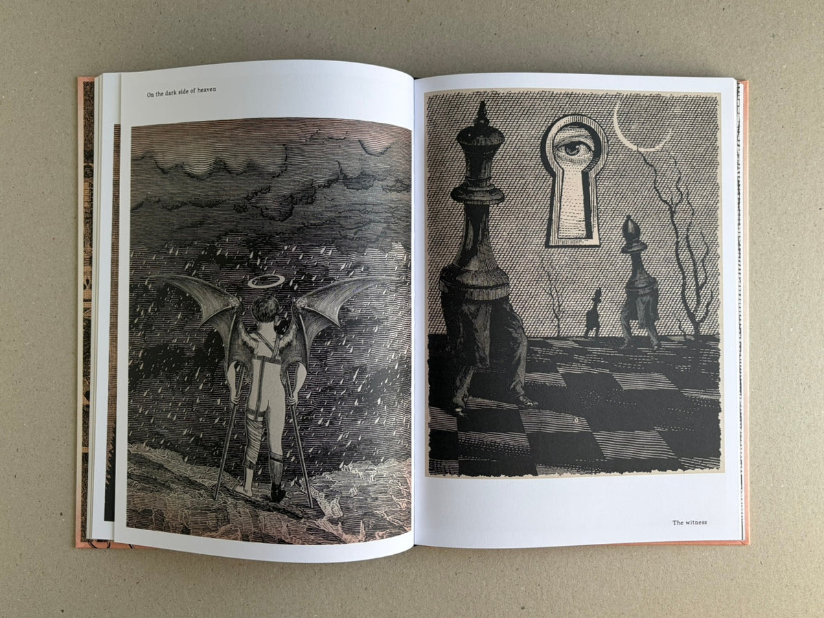 Open spread from METAFABLES: The Art of Andrew Blucha showing two black-and-white surreal illustrations, including a winged figure on the left page and a keyhole with an eye on the right page.