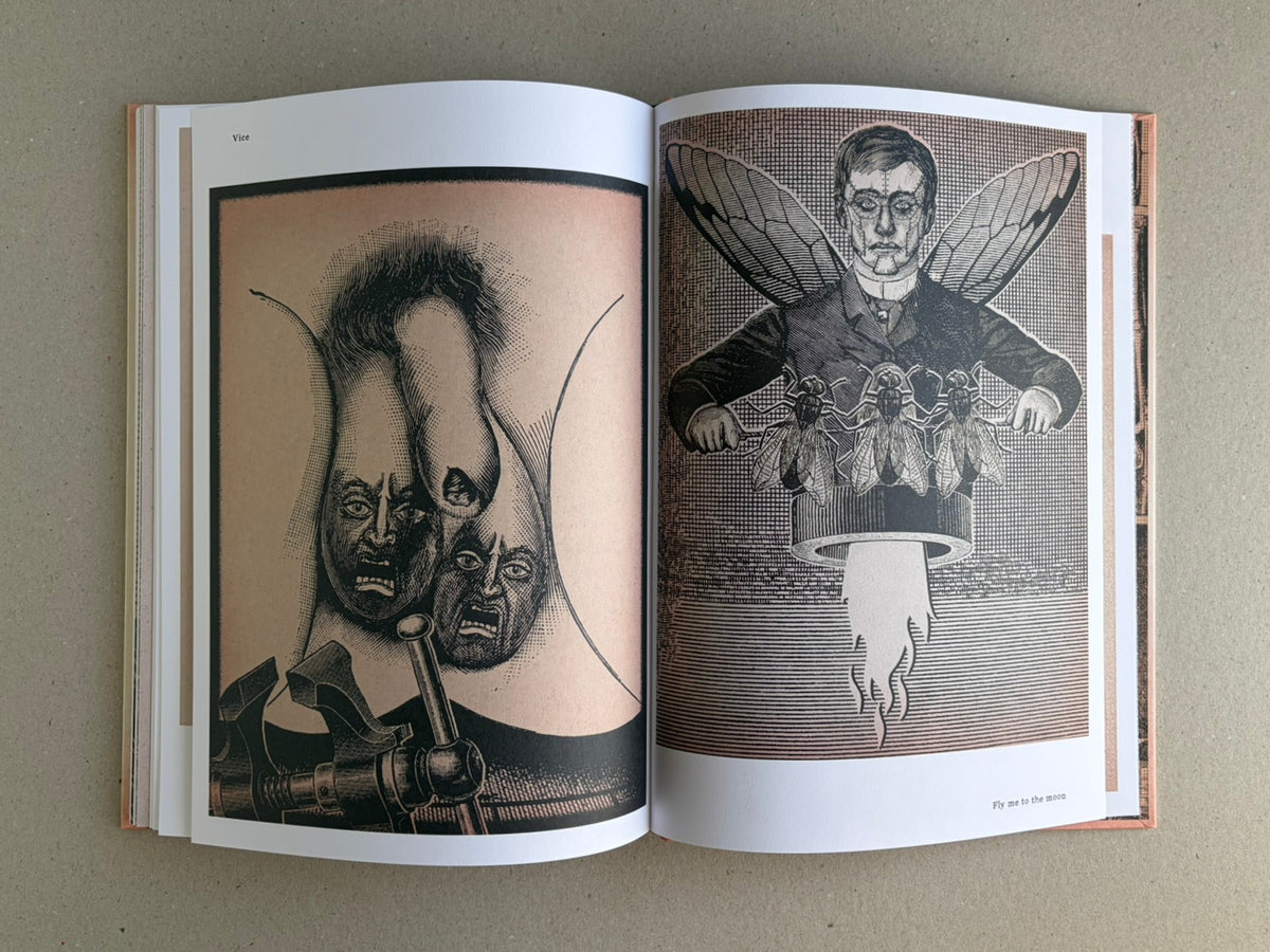 Open spread from METAFABLES: The Art of Andrew Blucha showing two surreal black-and-white illustrations, including a figure with insect wings on the right page.