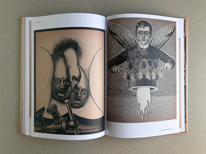 Open spread from METAFABLES: The Art of Andrew Blucha showing two surreal black-and-white illustrations, including a figure with insect wings on the right page.