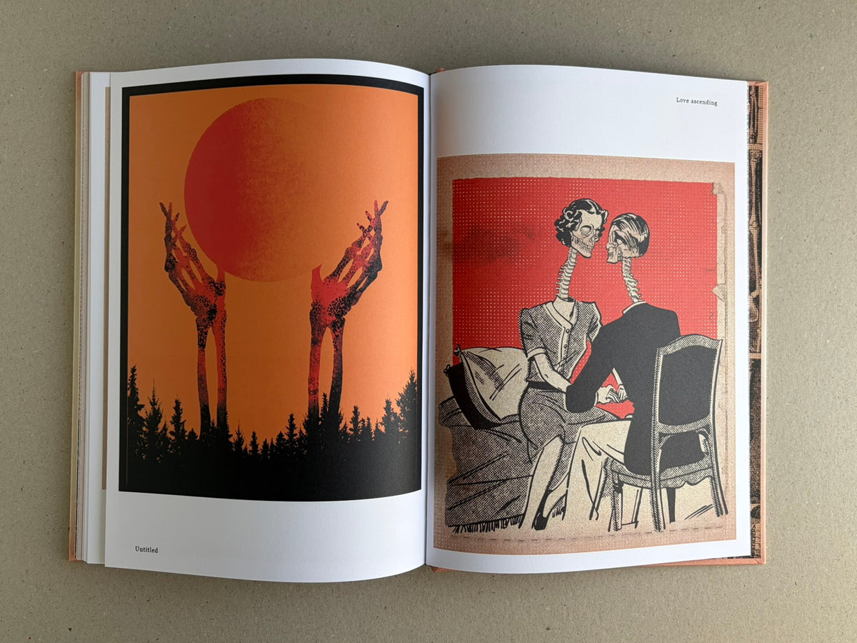Open spread from METAFABLES: The Art of Andrew Blucha showing two illustrated pages, one with an orange sun and skeletal hands, the other with a seated skeletal couple against a red background.
