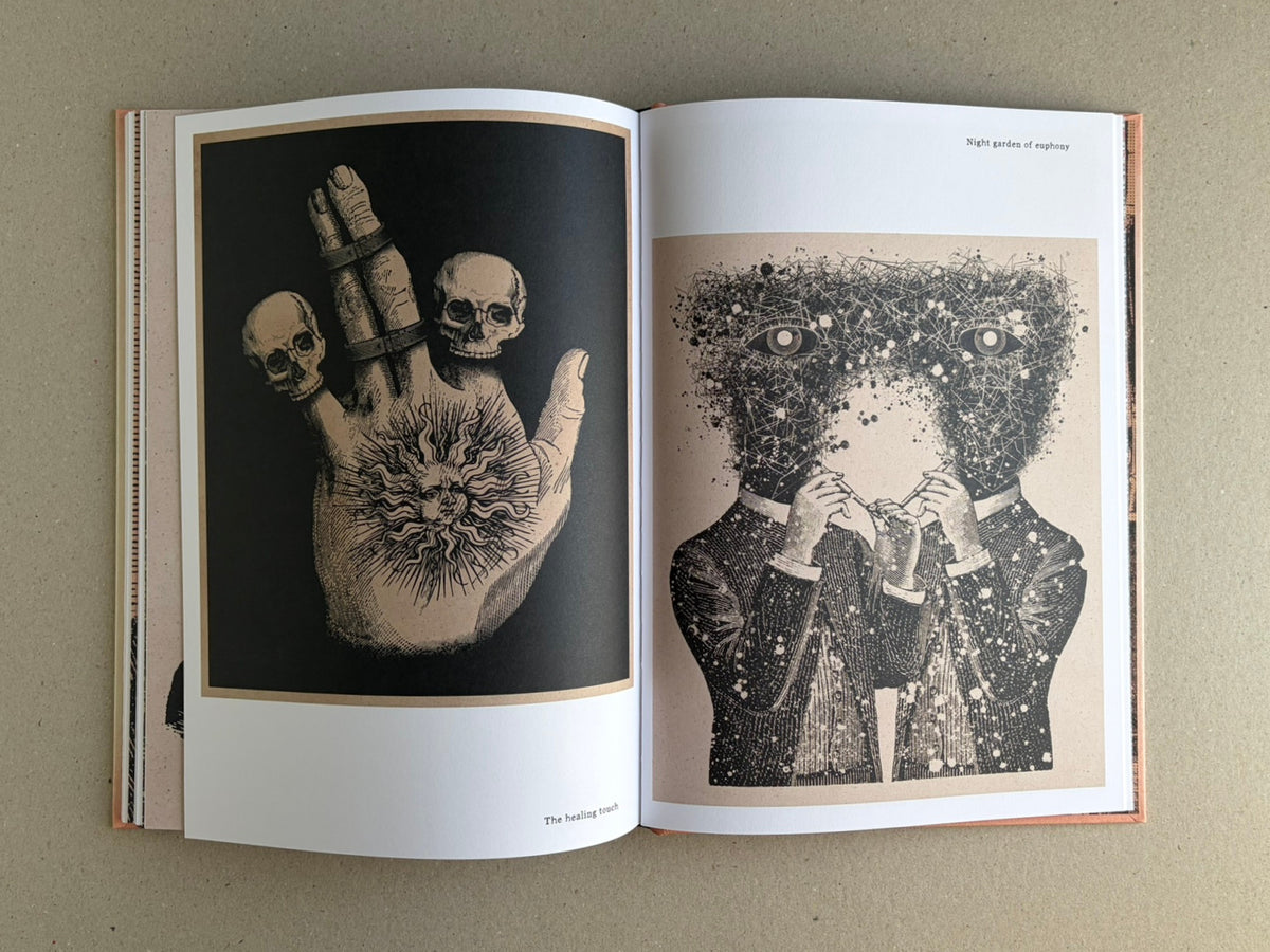 Open spread from METAFABLES: The Art of Andrew Blucha showing two surreal black-and-white illustrations, including a skeletal hand on the left and a figure with a dense, star-like head on the right.