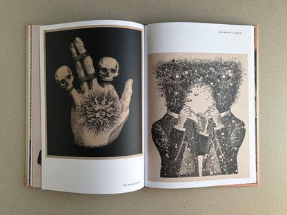Open spread from METAFABLES: The Art of Andrew Blucha showing two surreal black-and-white illustrations, including a skeletal hand on the left and a figure with a dense, star-like head on the right.