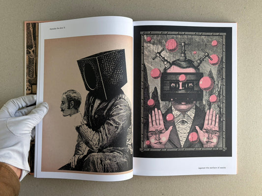 Open spread from METAFABLES: The Art of Andrew Blucha showing two surreal illustrated pages, with a gloved hand holding the book at lower left.