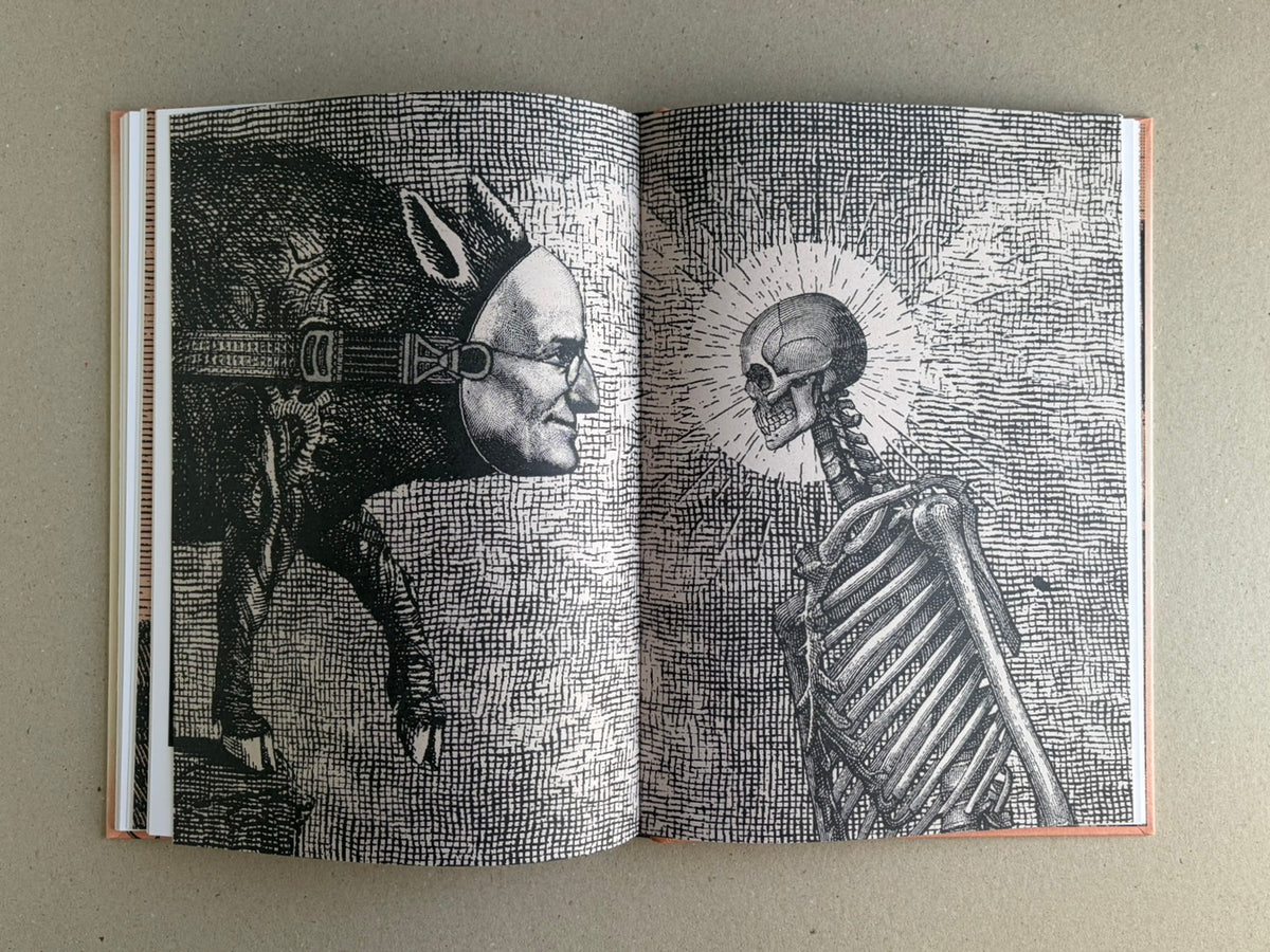 Open spread from METAFABLES: The Art of Andrew Blucha showing a black-and-white illustration of a human figure facing a skeleton