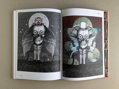 Open spread from METAFABLES: The Art of Andrew Blucha, showing two surreal full-page illustrations of a winged figure with a skull torso and a small human head inside a helmet.