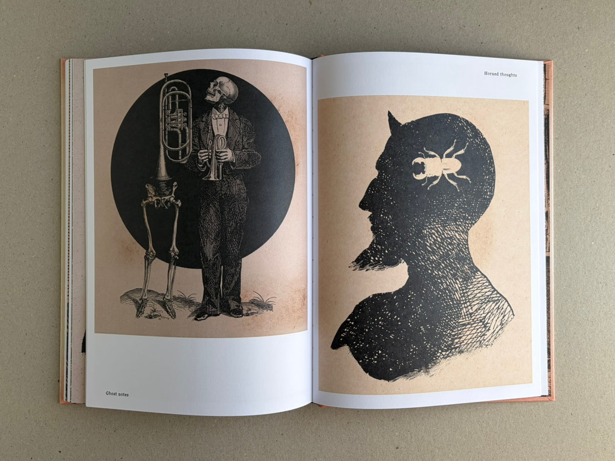 Open spread from METAFABLES: The Art of Andrew Blucha showing two monochrome illustrations on cream paper, including a skeletal musician and a profile silhouette with an insect motif.