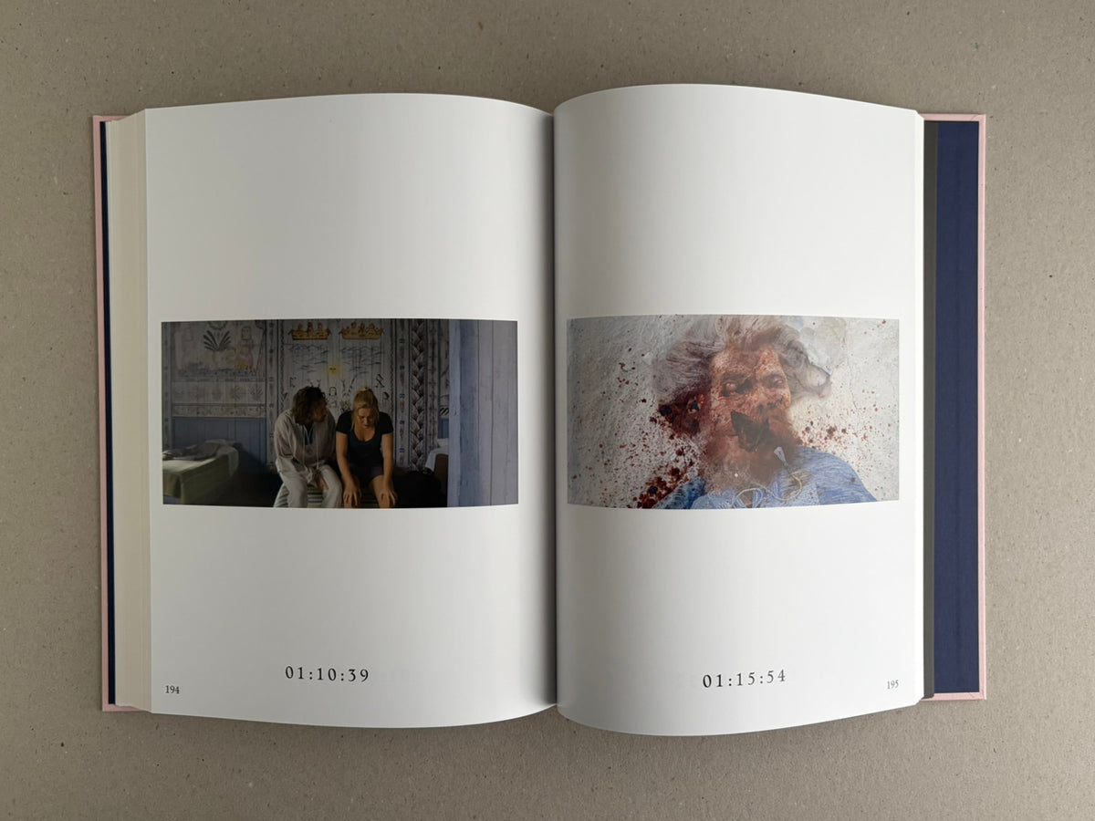 Open spread of Midsommar Screenplay Book showing two film stills with timecodes 01:10:39 and 01:15:54.
