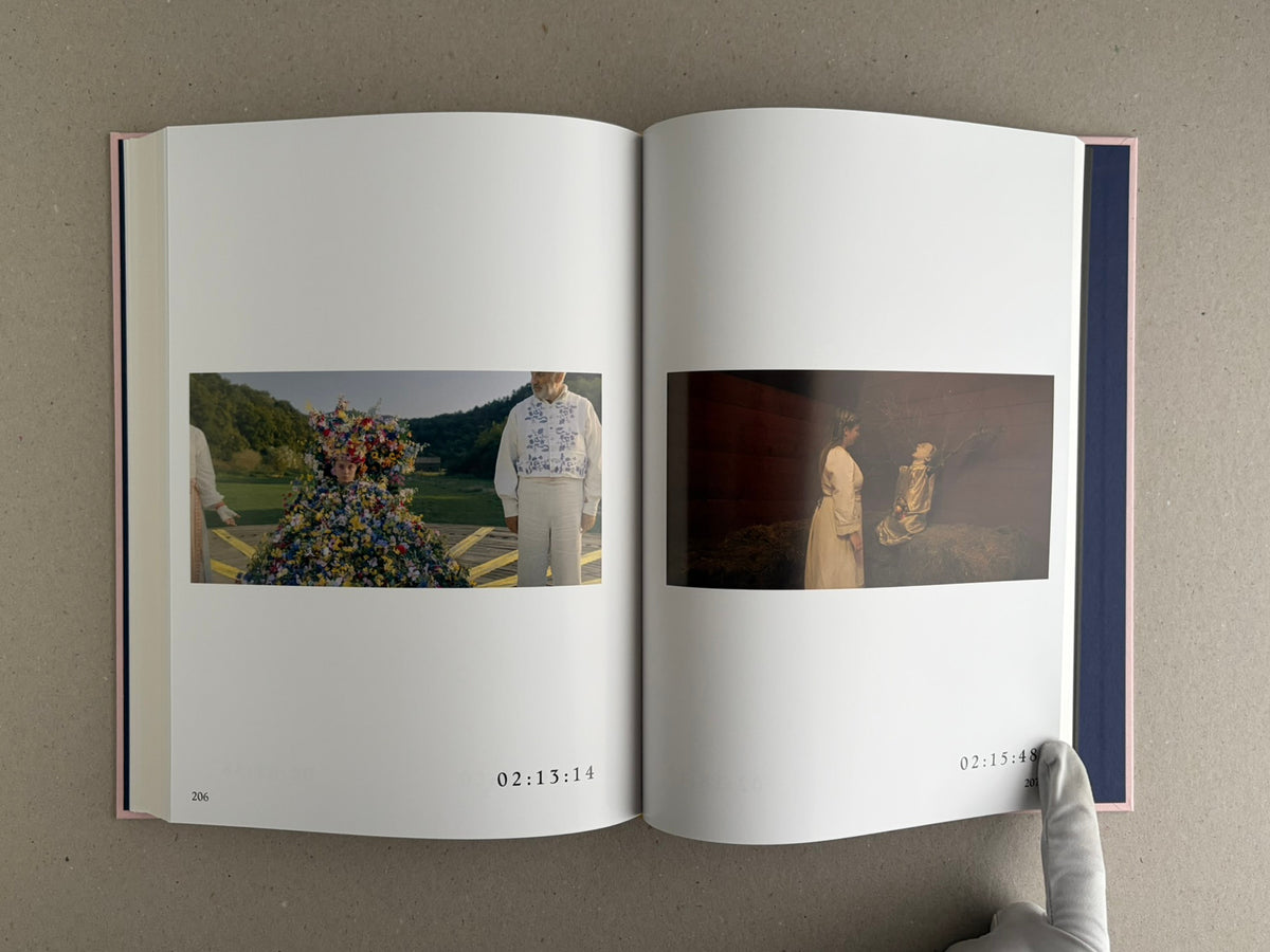 Open spread from Midsommar Screenplay Book - Ari Aster, showing two film stills with page numbers and timecodes.