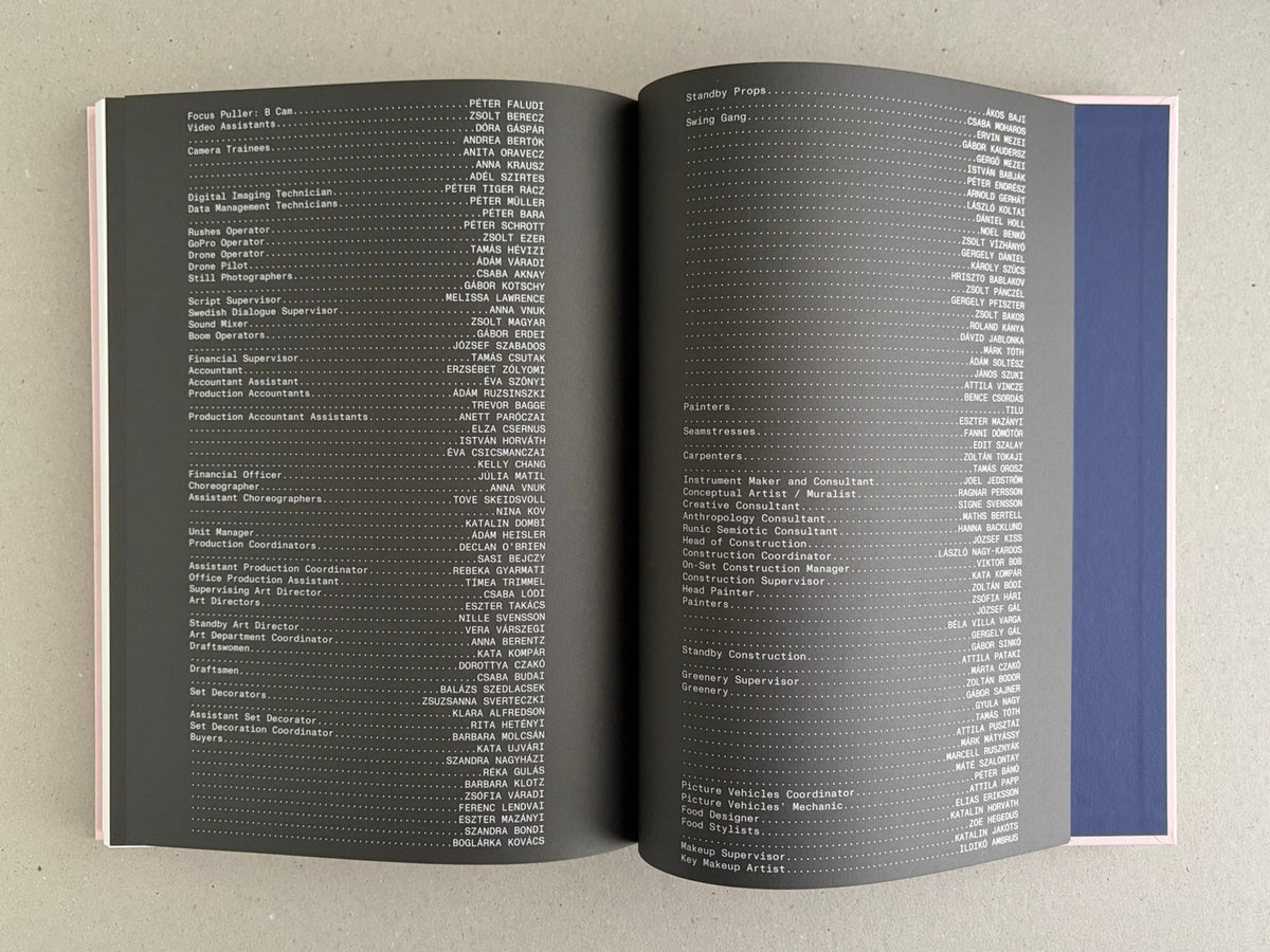 Open spread of Midsommar Screenplay Book showing a credits page with dense white text on dark grey pages.