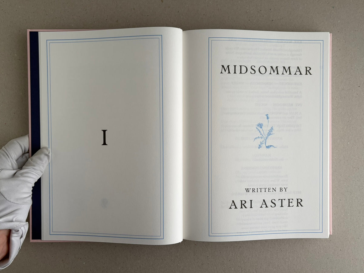 Open spread of Midsommar Screenplay Book by Ari Aster, showing the title page and chapter opening.