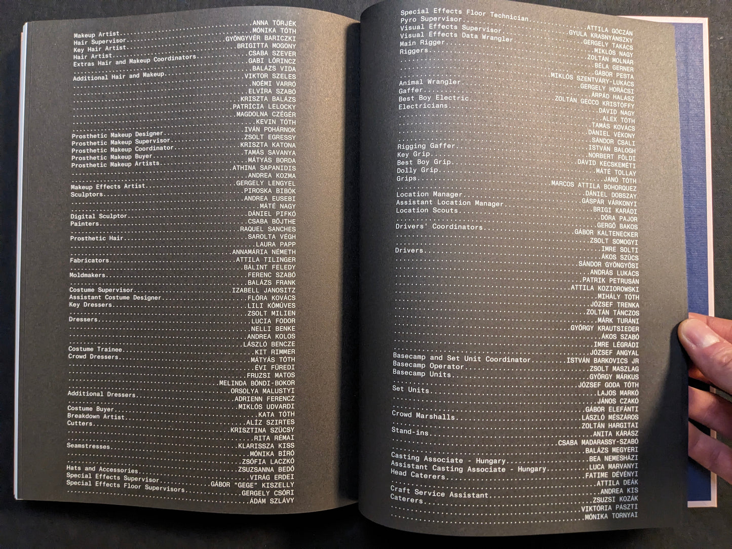 Production credits spread from the Midsommar screenplay book printed on dark pages.