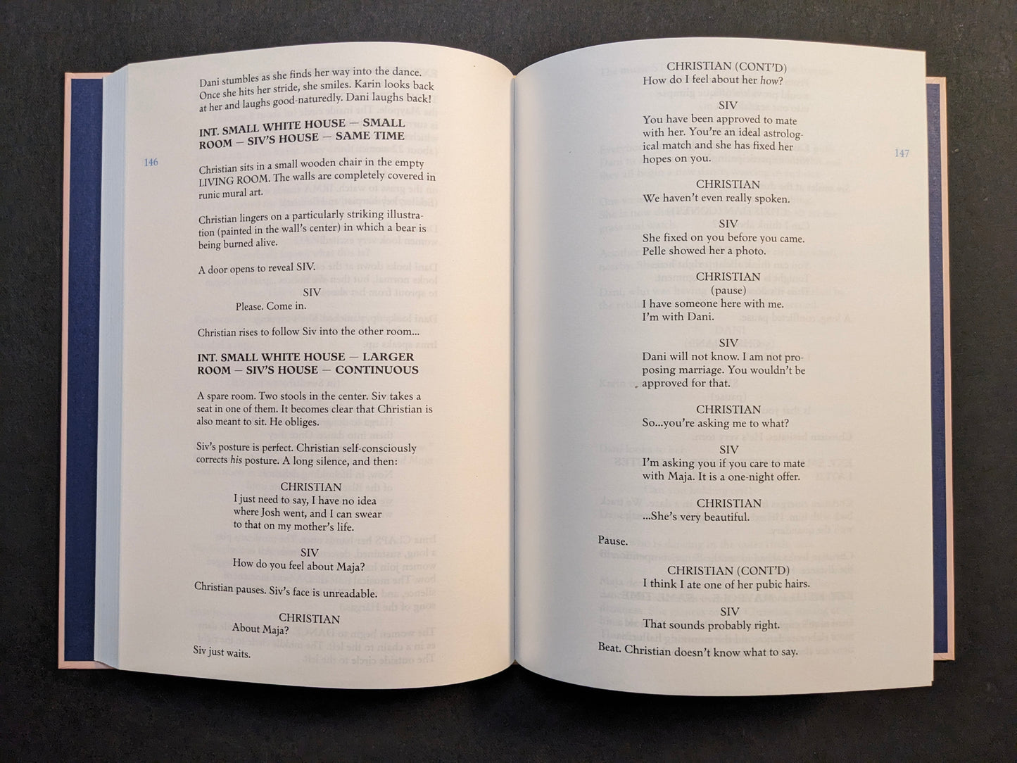 Interior screenplay spread from Midsommar with a dialogue scene between Christian and Siv.