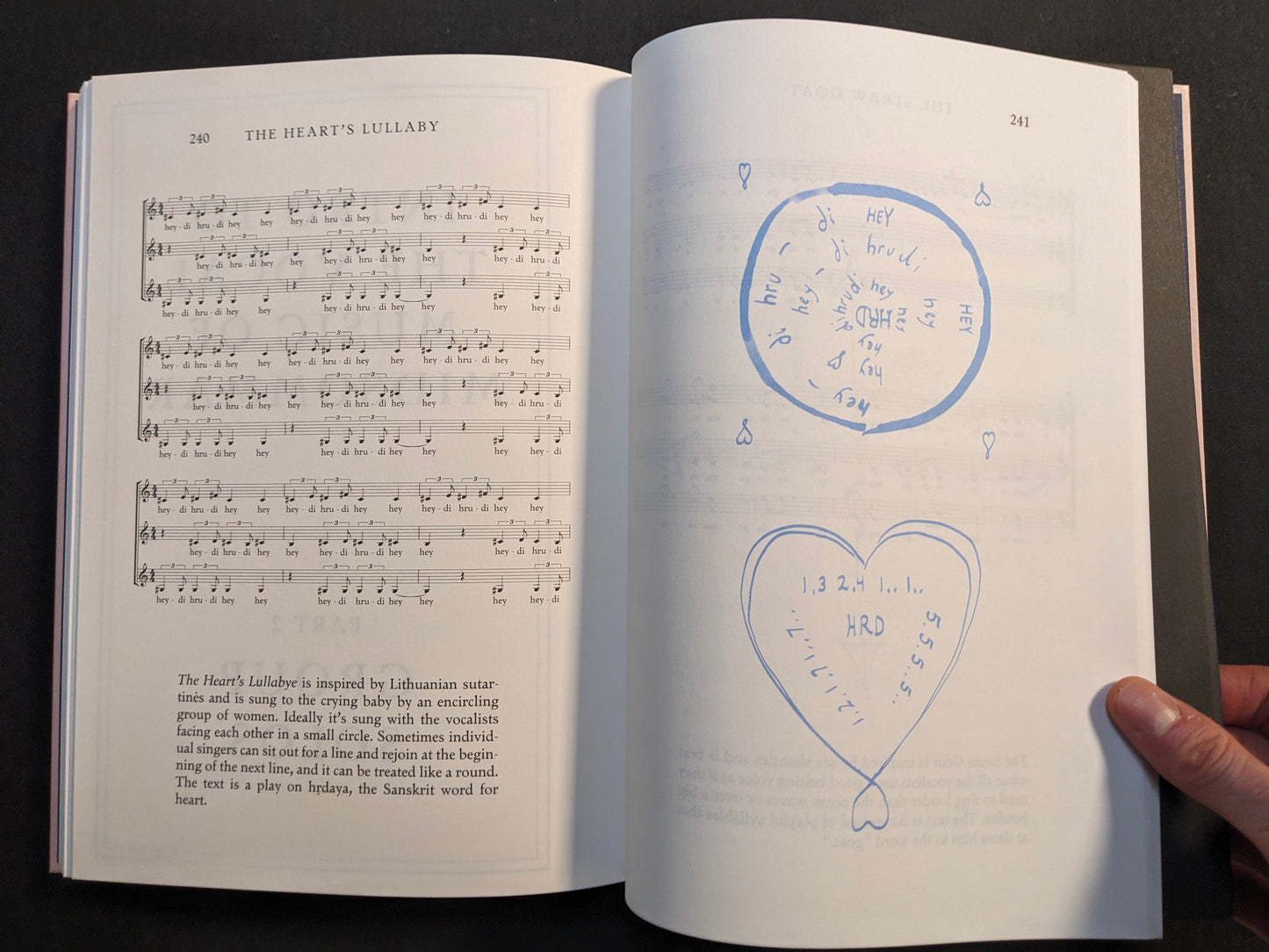 Interior spread from the Midsommar screenplay book with sheet music on one page and a blue hand-drawn vocal diagram on the other.