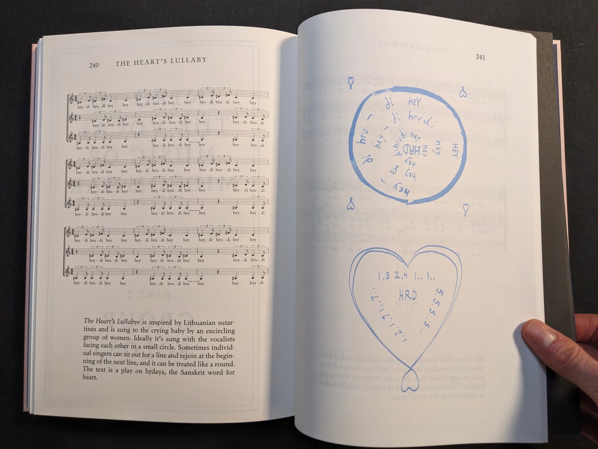 Interior spread from the Midsommar screenplay book with sheet music on one page and a blue hand-drawn vocal diagram on the other.