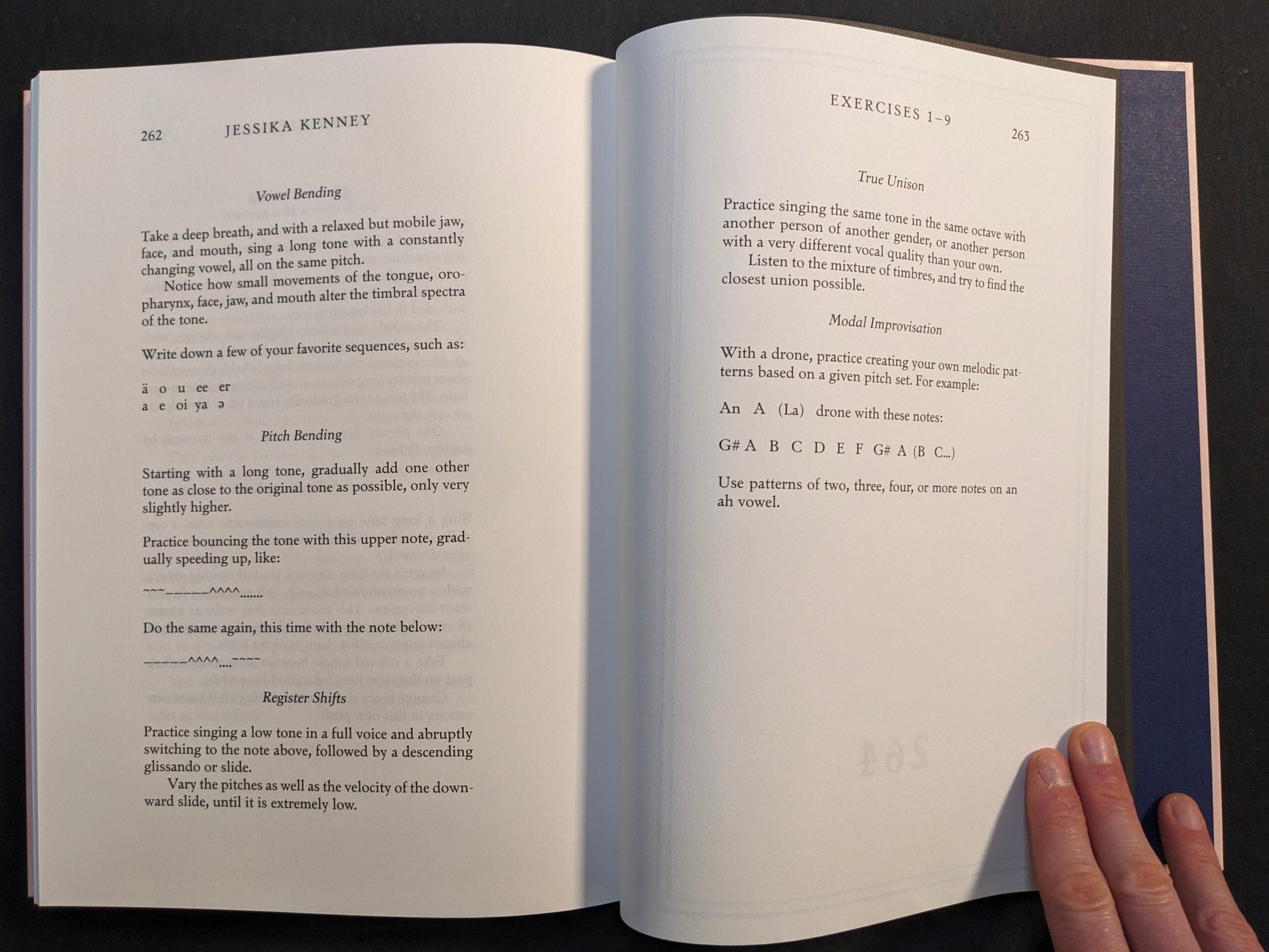 Instructional spread from the Midsommar screenplay book showing vocal exercises and practice notes.